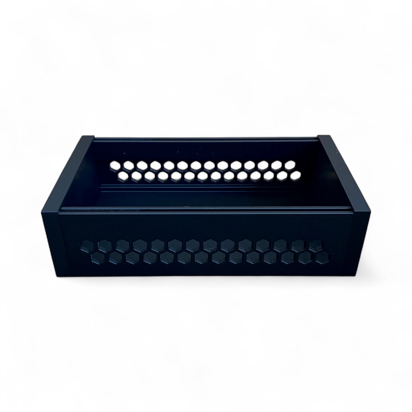 3D printed 42HP 3U Eurorack modular synthesizer case by Cold Earth Industries, shown front view with black body and black side panels on a white background – custom desktop skiff enclosure.