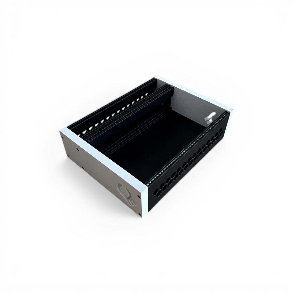 3D printed 42HP 4U Eurorack modular synthesizer case by Cold Earth Industries, shown with black body and white side panels on a white background – custom desktop skiff enclosure.