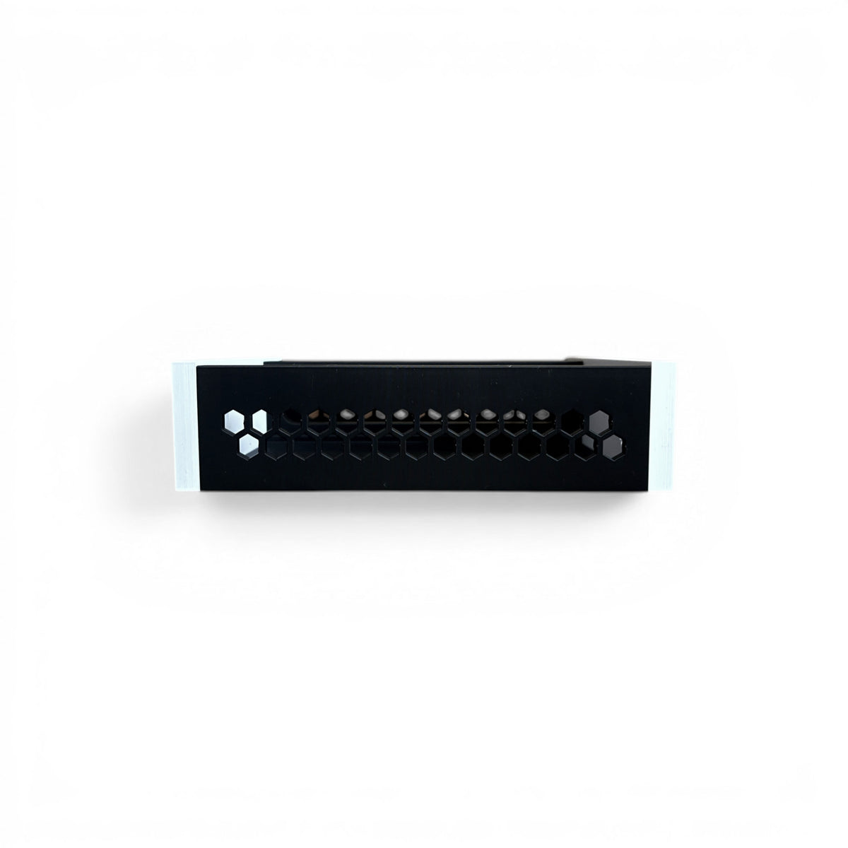 3D printed 42HP 4U Eurorack modular synthesizer case by Cold Earth Industries, shown front view with black body and white side panels on a white background – custom desktop skiff enclosure.