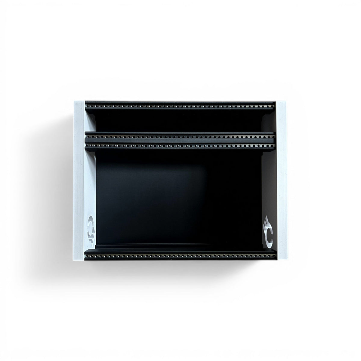 3D printed 42HP 4U Eurorack modular synthesizer case by Cold Earth Industries, shown standing with black body and white side panels on a white background – custom desktop skiff enclosure.