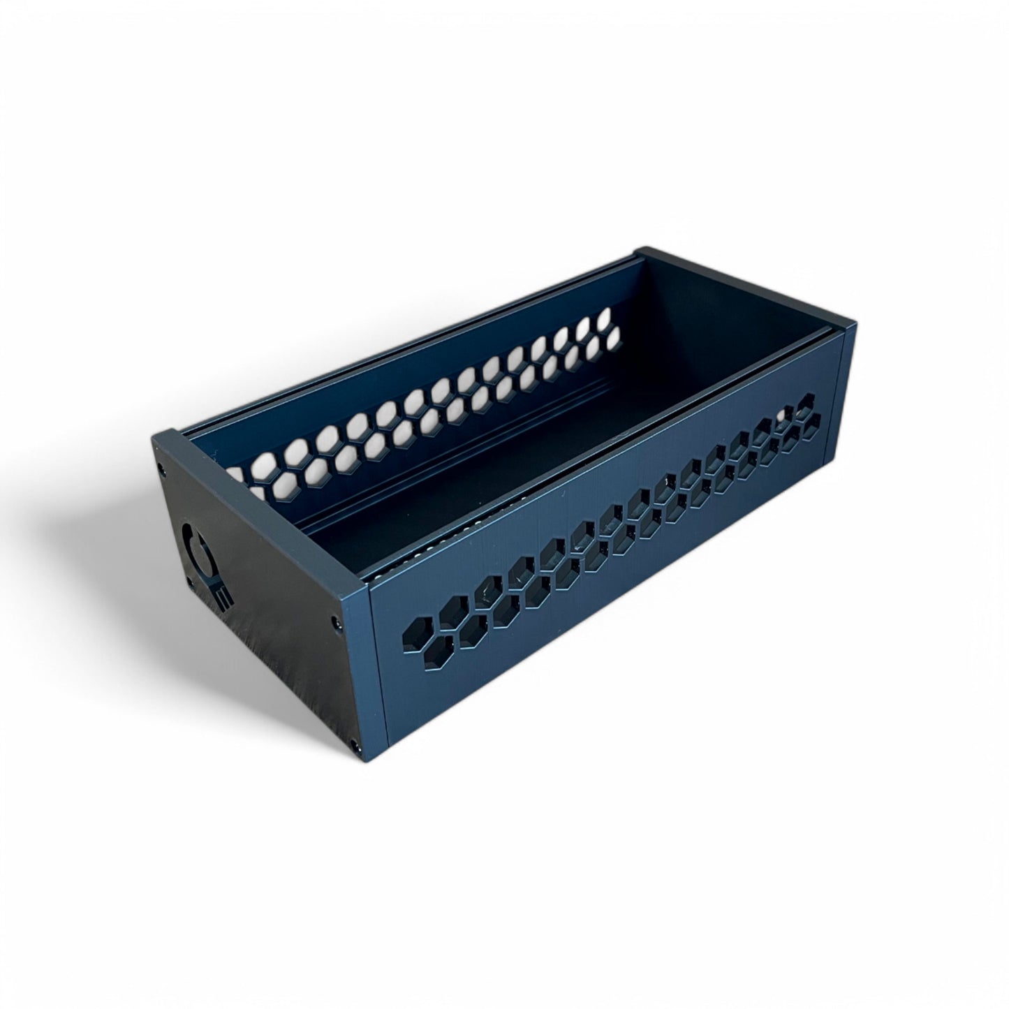 3D printed 52HP 3U Eurorack modular synthesizer case by Cold Earth Industries, shown with black body and black side panels on a white background – custom desktop skiff enclosure.