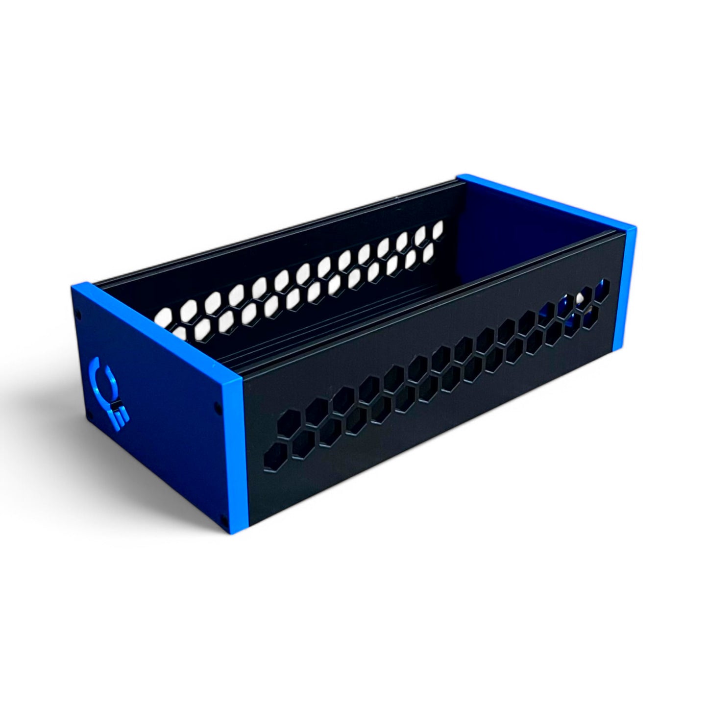 3D printed 52HP 3U Eurorack modular synthesizer case by Cold Earth Industries, shown with black body and blue side panels on a white background β custom desktop skiff enclosure.