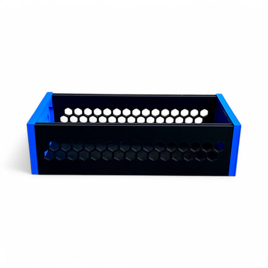 3D printed 52HP 3U Eurorack modular synthesizer case by Cold Earth Industries, shown front view with black body and blue side panels on a white background – custom desktop skiff enclosure.