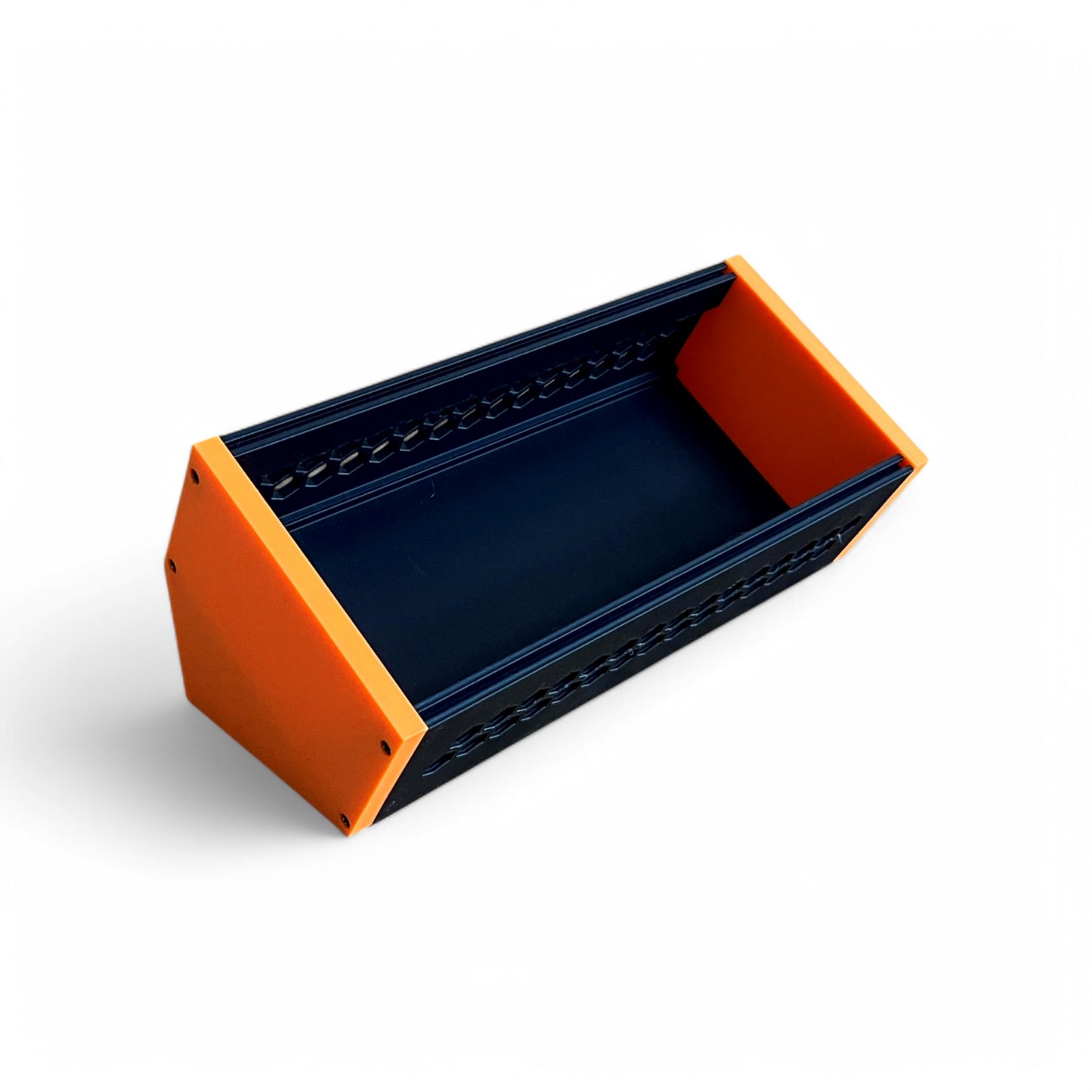 3D printed 52HP 3U Eurorack modular synthesizer case by Cold Earth Industries, shown with black body and orange side panels on a white background – custom desktop skiff enclosure.