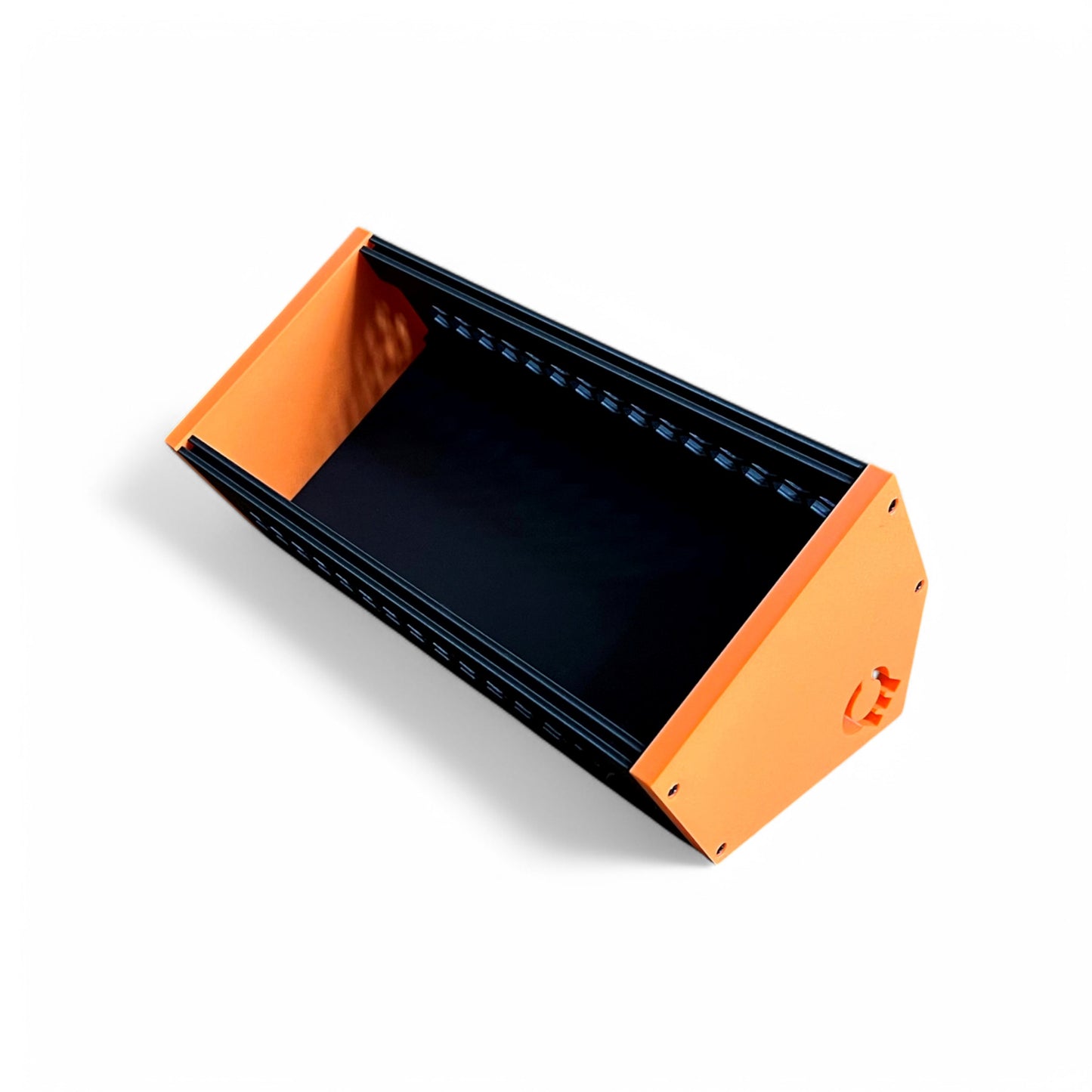 3D printed 52HP 3U Eurorack modular synthesizer case by Cold Earth Industries, shown reverse front view with black body and orange side panels on a white background – custom desktop skiff enclosure.