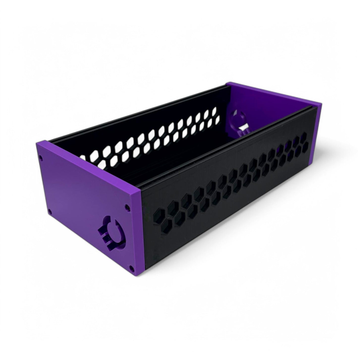 3D printed 52HP 3U Eurorack modular synthesizer case by Cold Earth Industries, shown with black body and purple side panels on a white background – custom desktop skiff enclosure.