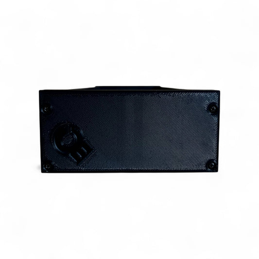 3D printed 62HP 3U Eurorack modular synthesizer case by Cold Earth Industries, shown with black body and black side panels, side view, on a white background – custom desktop skiff enclosure.