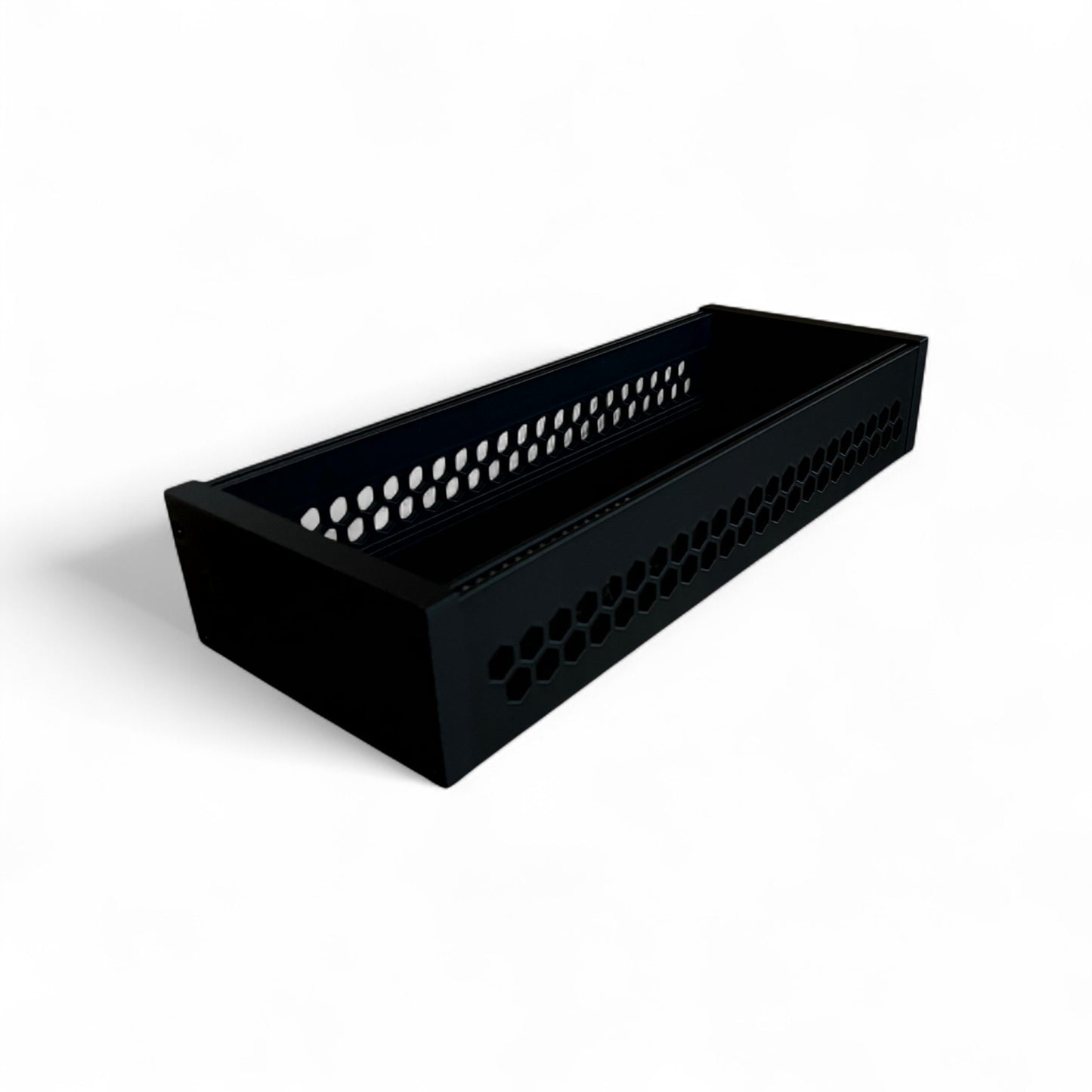 3D printed 62HP 3U Eurorack modular synthesizer case by Cold Earth Industries, shown with black body and black side panels on a white background – custom desktop skiff enclosure.