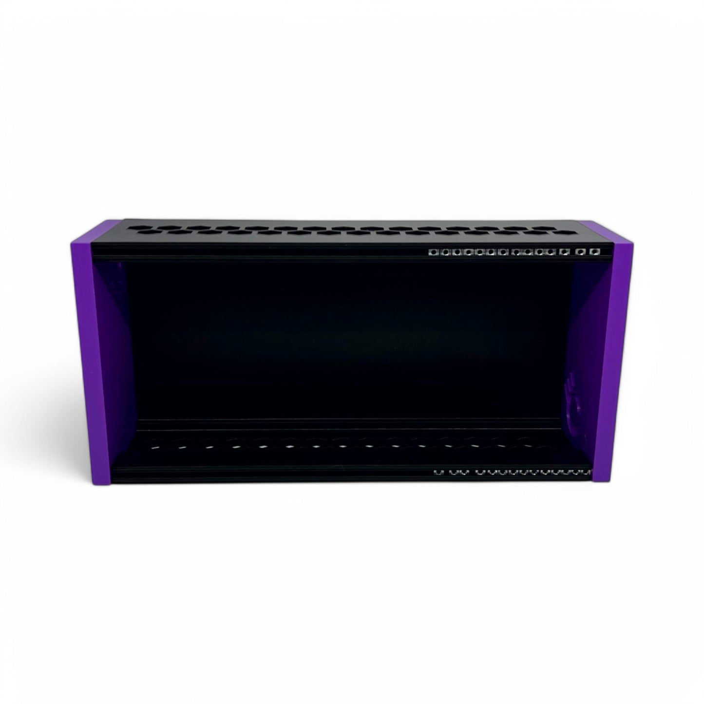 3D printed 62HP 3U Eurorack modular synthesizer case by Cold Earth Industries, shown front upright view with black body and purple side panels on a white background – custom desktop skiff enclosure.