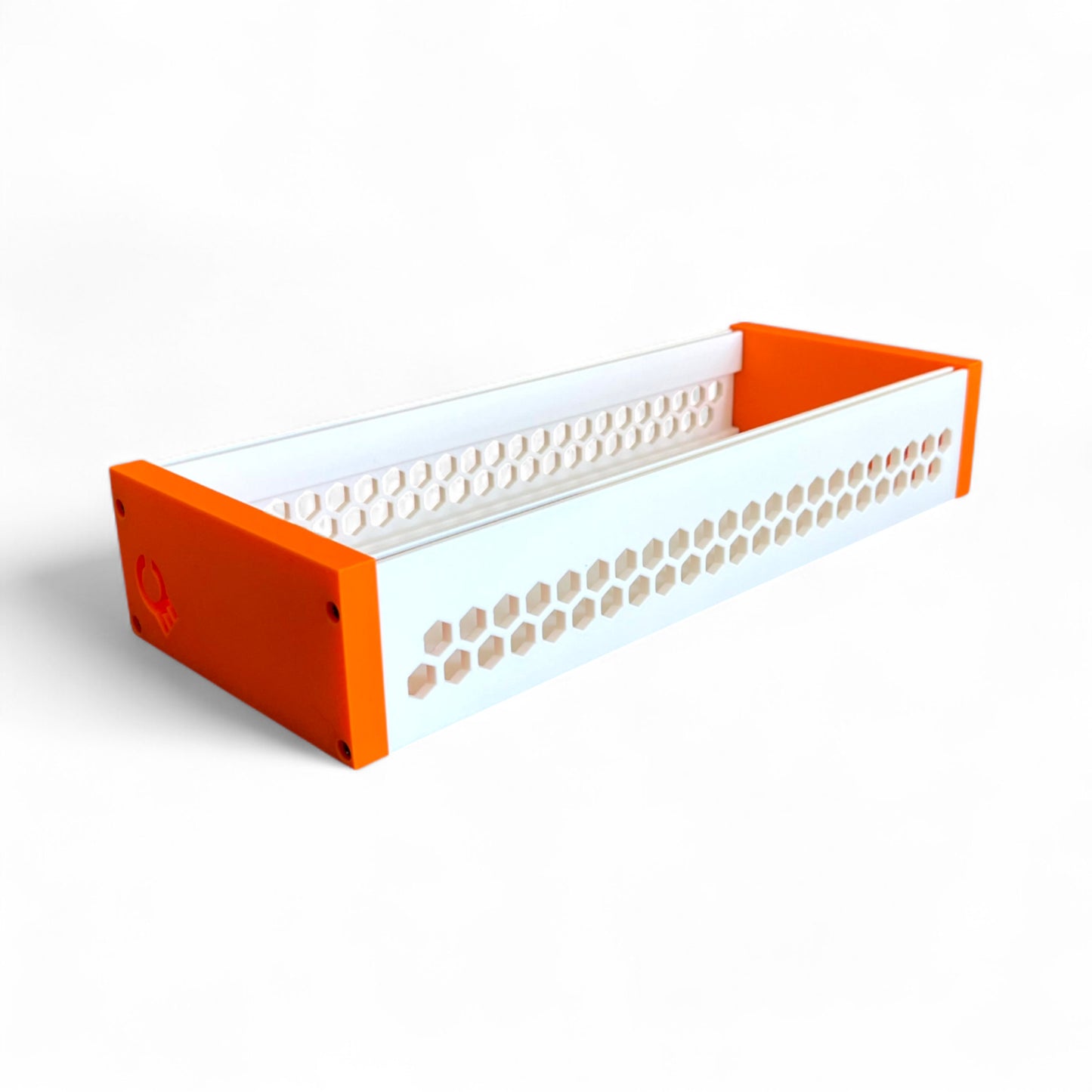 3D printed 62HP 3U Eurorack modular synthesizer case by Cold Earth Industries, shown with white body and orange side panels on a white background – custom desktop skiff enclosure.