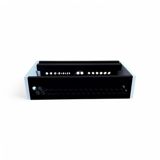 3D printed 62HP 4U Eurorack modular synthesizer case by Cold Earth Industries, shown front view with black body and white side panels on a white background – custom desktop skiff enclosure.