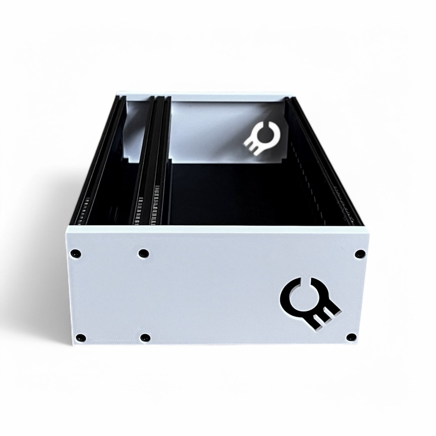 3D printed 62HP 4U Eurorack modular synthesizer case by Cold Earth Industries, shown side view with black body and white side panels on a white background – custom desktop skiff enclosure.