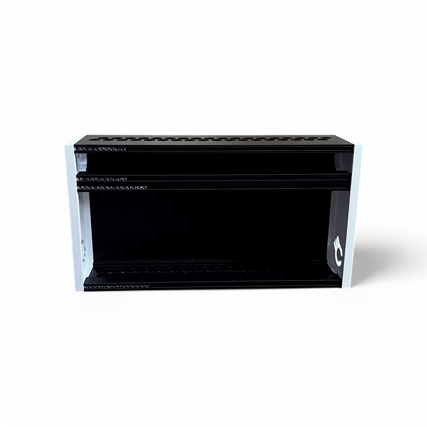 3D printed 62HP 4U Eurorack modular synthesizer case by Cold Earth Industries, shown front upright view with black body and white side panels on a white background – custom desktop skiff enclosure.