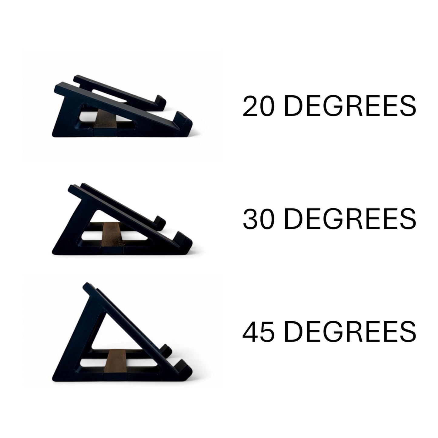 3D printed Cold Earth Industries Small Synth stand by Cold Earth Industries, side view of each 3 angles available, shown in black on a white background – custom desktop stands.