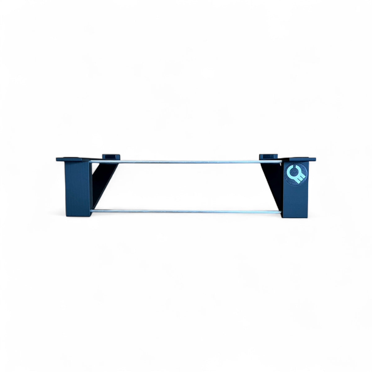 3D printed Arturia Minifreak Algorithmic Synthesizer Synth 30 degree stand by Cold Earth Industries with aluminium tubing for stability, and rubber strips and rubber feet, shown back view in black on a white background