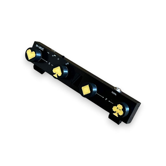 Set of 4 Black and Gold Card Suit Guitar Pedal Footswitch Toppers for 8.5mm / 10mm / 11mm Foot Switches. 3D printed by Cold Earth Industries, shown on a guitar pedal, on a white background.