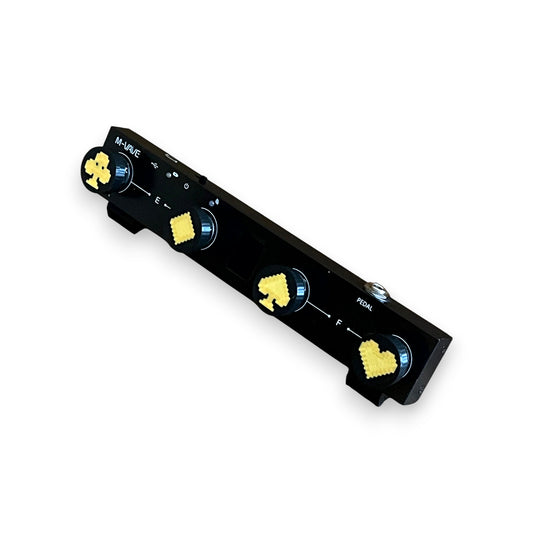 Set of 4 Low Profile Black and Gold Card Suit Guitar Pedal Footswitch Toppers for 8.5mm / 10mm / 11mm Foot Switches. 3D printed by Cold Earth Industries, shown on a guitar pedal, on a white background.