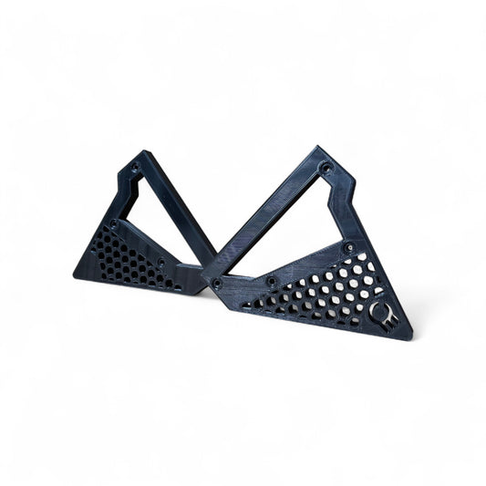 3D printed Behringer Synthesizer Hex Cut Side Panels Synth stand by Cold Earth Industries, shown in black on a white background Side Panels Only – custom desktop stands.