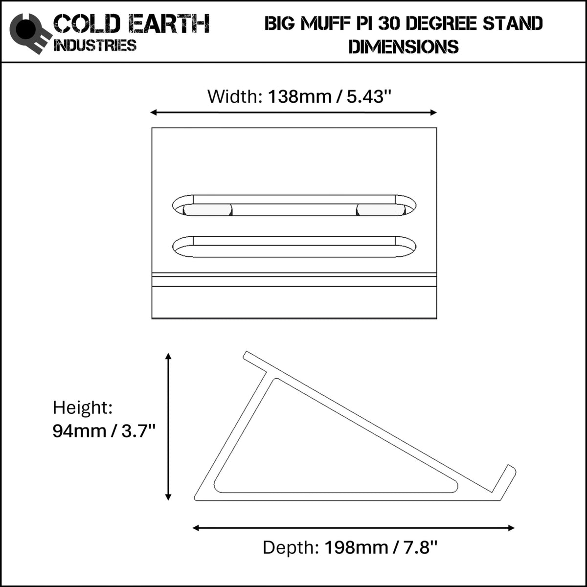 Dimensions of a 3D printed ElectroHarmonix Big Muff Pi Guitar Pedal 30 Degree stand by Cold Earth Industries, on a white background