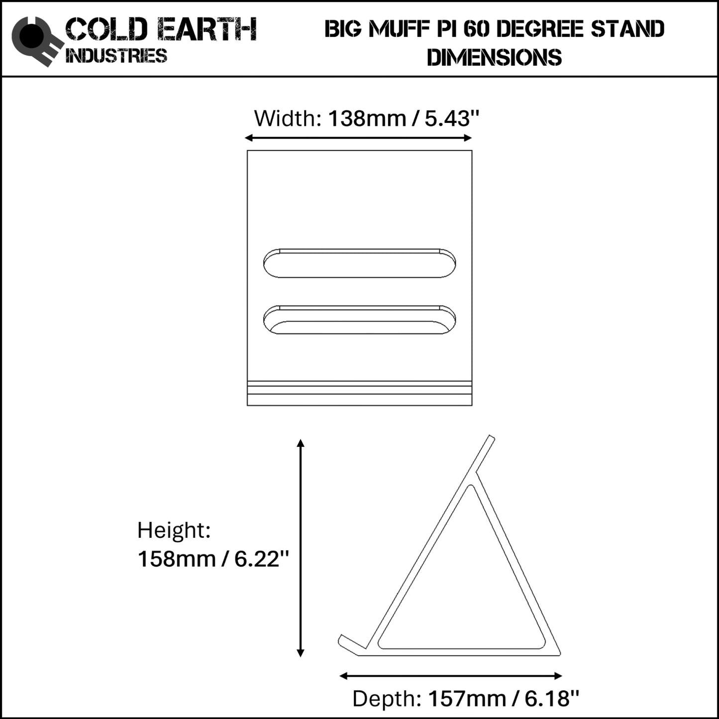 Dimensions of a 3D printed ElectroHarmonix Big Muff Pi Guitar Pedal 60 Degree stand by Cold Earth Industries, on a white background