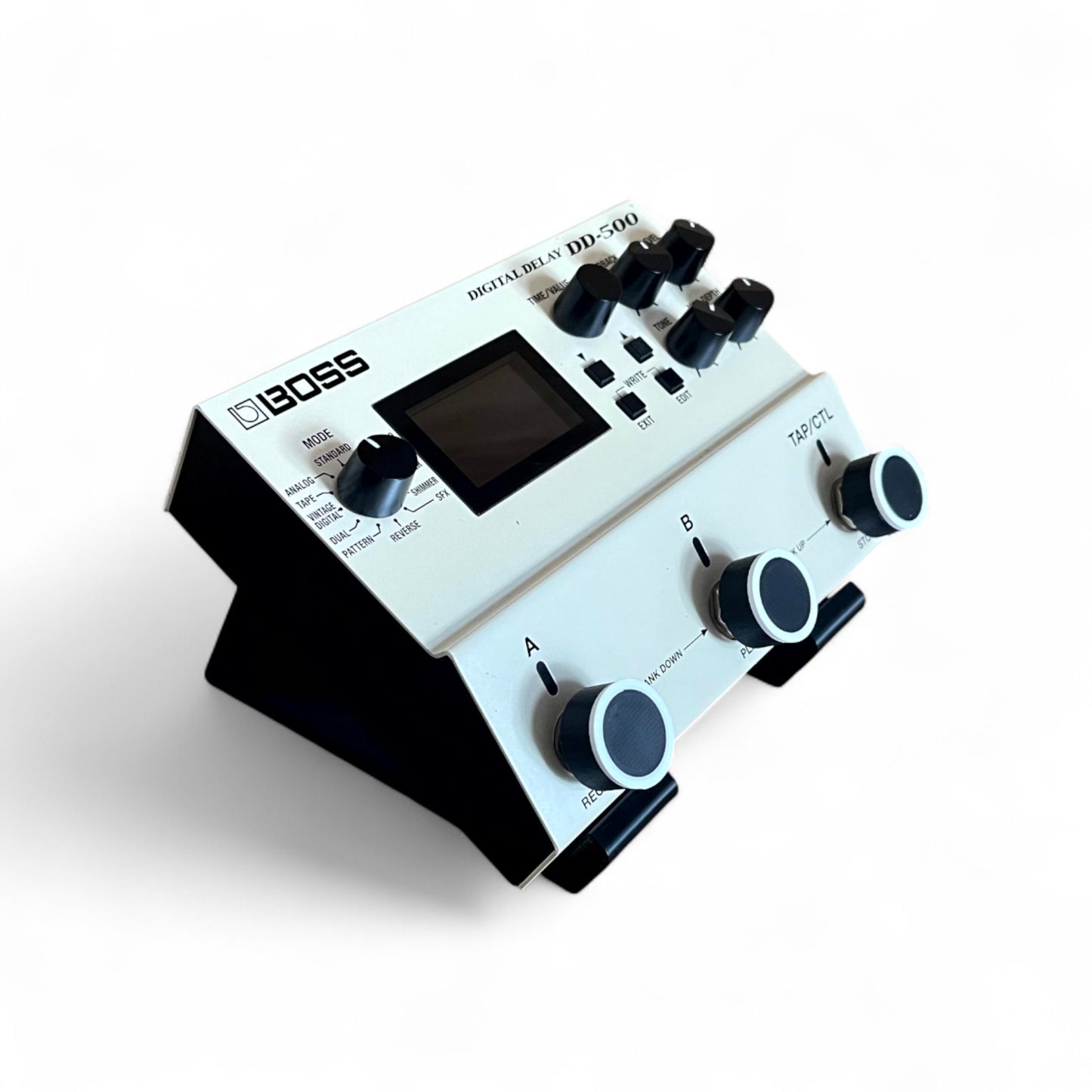 Boss DD-500, MD-500, VE-500, RC-500 and RV-500 Series Guitar Pedal Stand | 3D Printed Guitar Pedal Stand | Cold Earth Industries - 30 Degree 3D printed stand in Black on a white background holding Boss DD-500