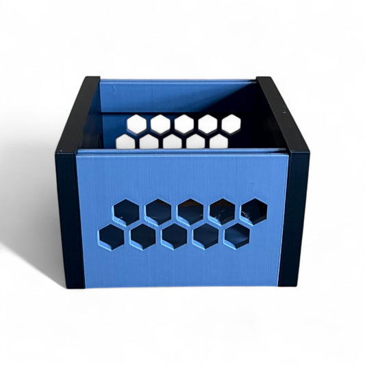 3D printed 20HP 3U Eurorack modular synthesizer case by Cold Earth Industries, shown front view with grey body and black side panels on a white background – custom desktop skiff enclosure.