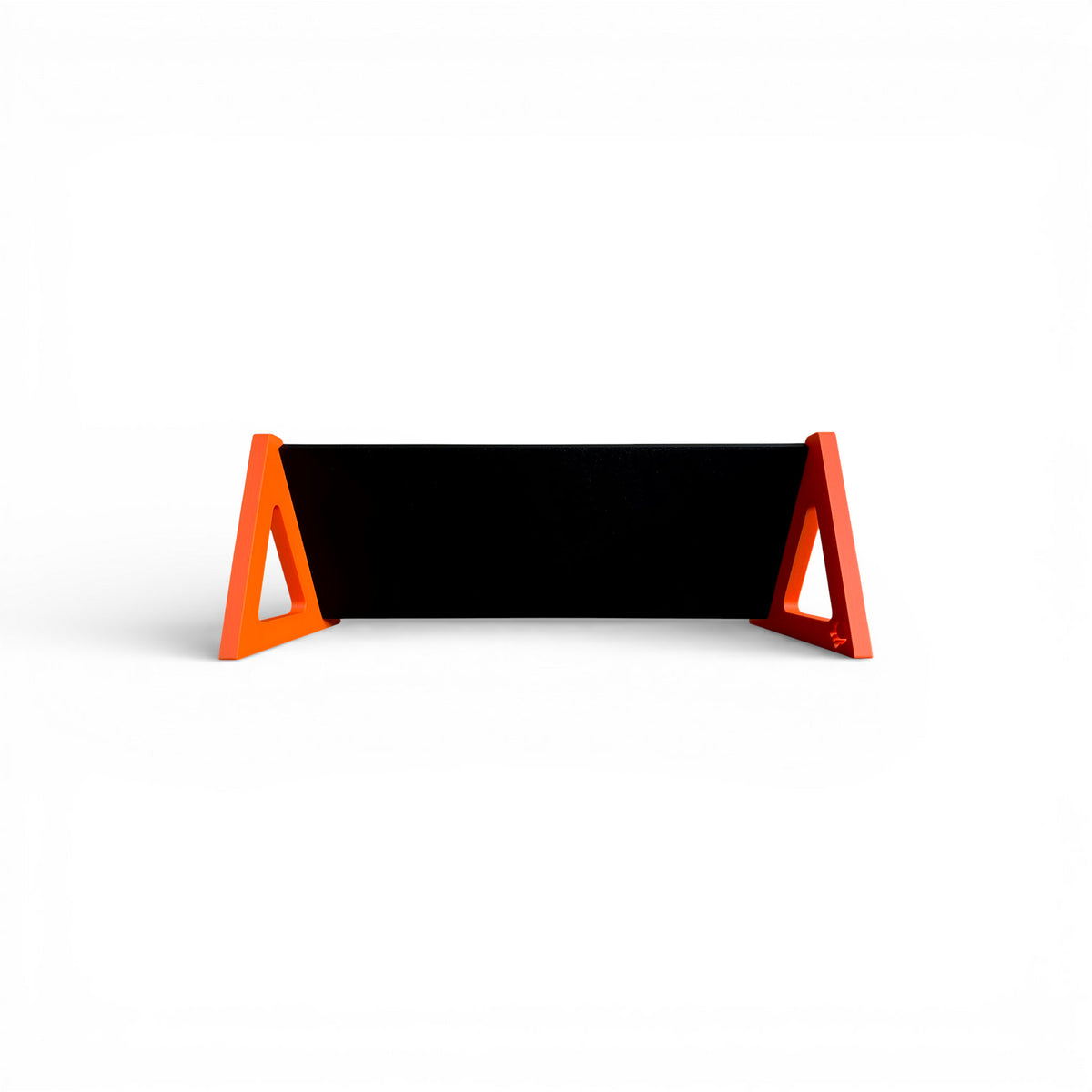 3D printed Guitar Pedal Desktop Stand - Open Sides 400mm x 150mm 60 Degree Pedalboard & Synth Stand stand by Cold Earth Industries, shown back view in black with Orange Sides, on a white background β custom desktop stands.