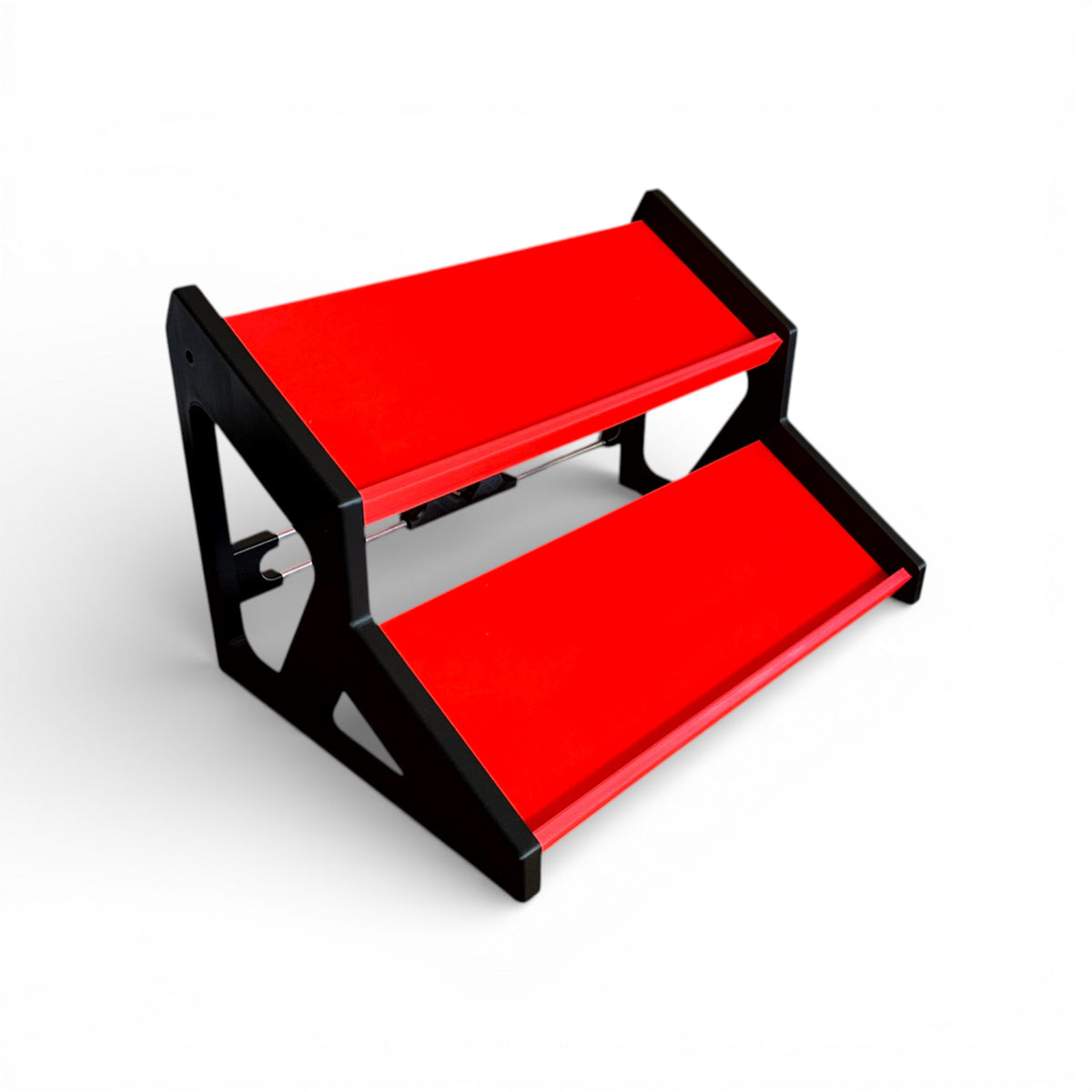 3D printed Guitar Pedal Desktop Stand 2 Tier 400mm width x 150mm hold depth per tier, 30 Degree Pedalboard & Synth Stand stand by Cold Earth Industries, shown in red with black sides on a white background β custom desktop stands.