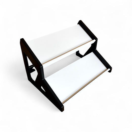 3D printed Guitar Pedal Desktop Stand 2 Tier 400mm width x 150mm hold depth per tier, 30 Degree Pedalboard & Synth Stand stand by Cold Earth Industries, shown in white with black sides on a white background – custom desktop stands.