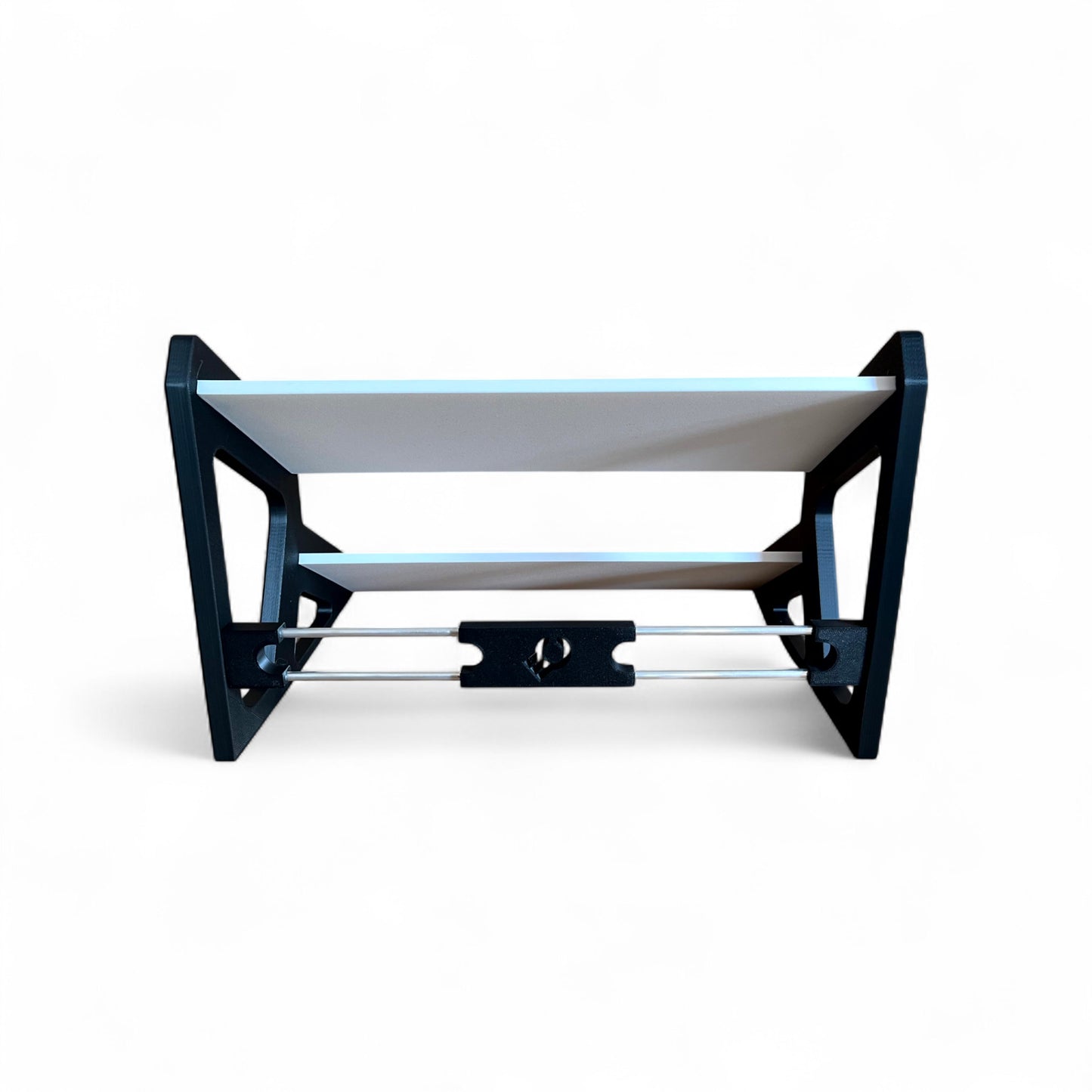 3D printed Guitar Pedal Desktop Stand 2 Tier 400mm width x 150mm hold depth per tier, 30 Degree Pedalboard & Synth Stand stand by Cold Earth Industries, shown back view in white with black sides on a white background shown holding guitar pedals – custom desktop stands.
