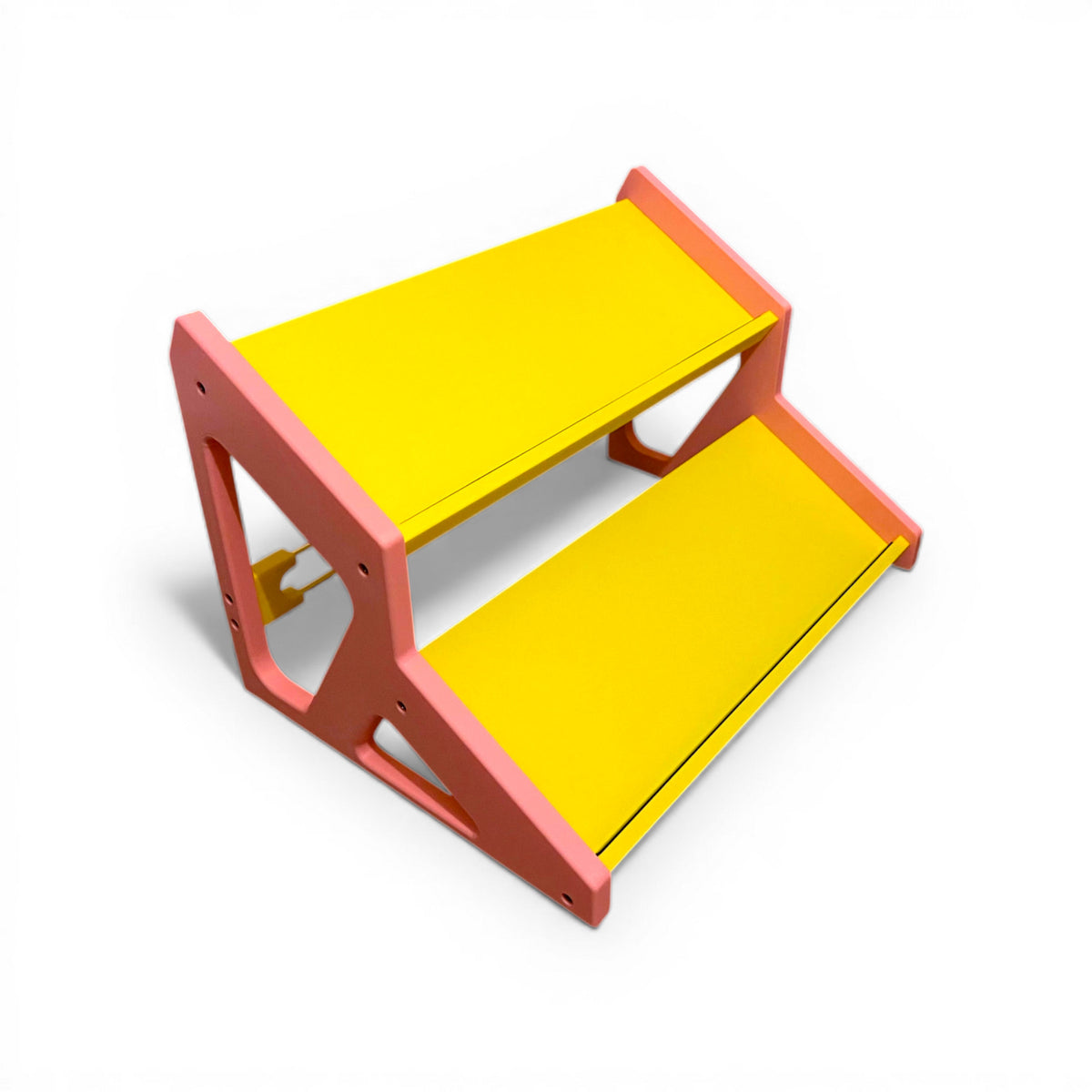 3D printed Guitar Pedal Desktop Stand 2 Tier 400mm width x 150mm hold depth per tier, 30 Degree Pedalboard & Synth Stand stand by Cold Earth Industries, shown in yellow with pink sides on a white background β custom desktop stands.