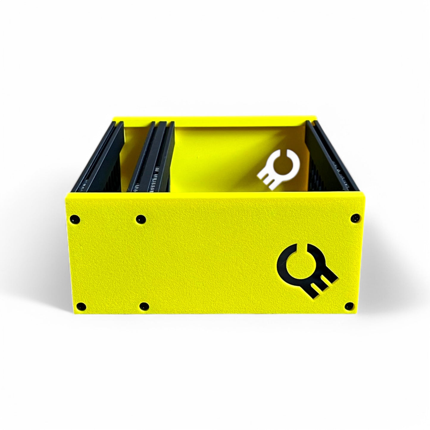 3D printed 42HP 4U Eurorack modular synthesizer case by Cold Earth Industries, shown side view with black body and yellow side panels on a white background – custom desktop skiff enclosure.