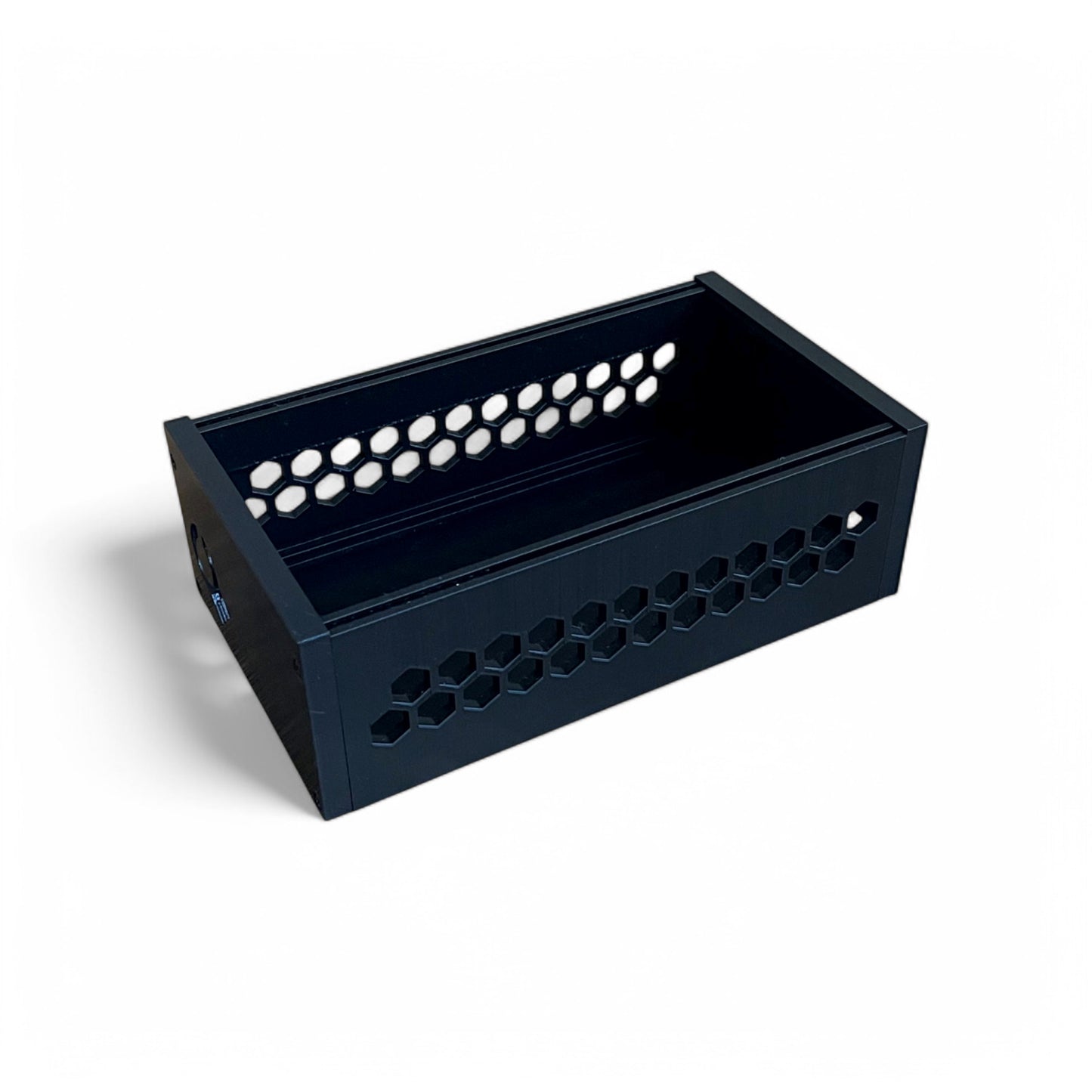 3D printed 42HP 3U Eurorack modular synthesizer case by Cold Earth Industries, shown with black body and black side panels on a white background – custom desktop skiff enclosure.