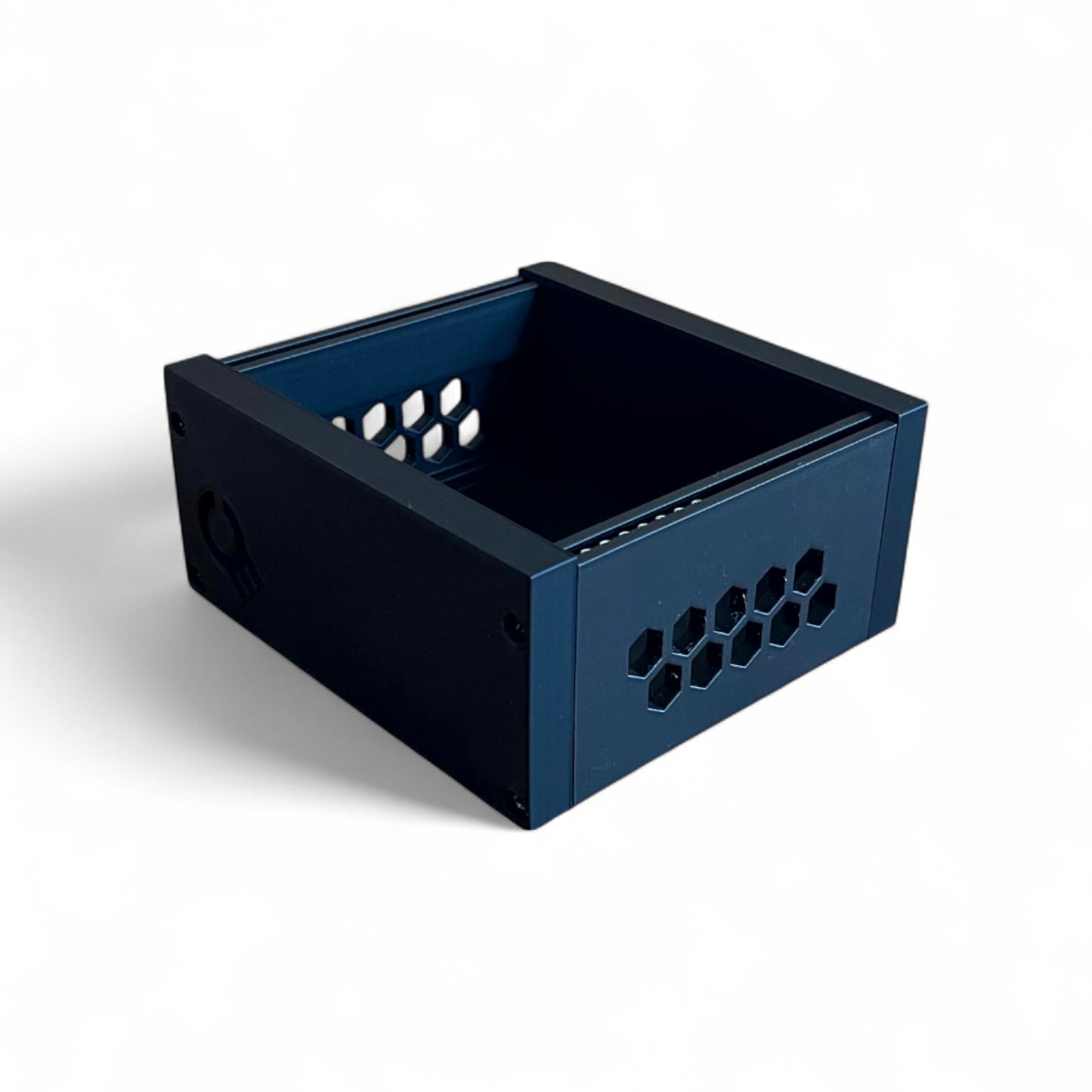 3D printed 20HP 3U Eurorack modular synthesizer case by Cold Earth Industries, shown with black body and black side panels on a white background – custom desktop skiff enclosure.
