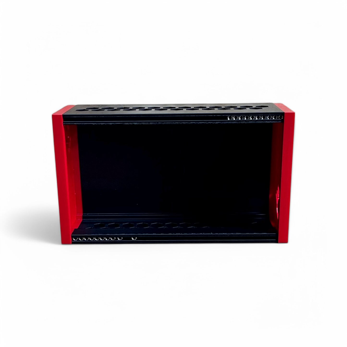 3D printed 42HP 3U Eurorack modular synthesizer case by Cold Earth Industries, shown with black body and red side panels upright on a white background – custom desktop skiff enclosure.