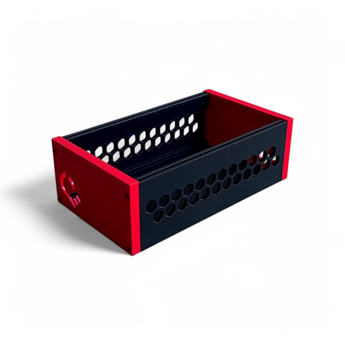 3D printed 42HP 3U Eurorack modular synthesizer case by Cold Earth Industries, shown with black body and red side panels on a white background – custom desktop skiff enclosure.