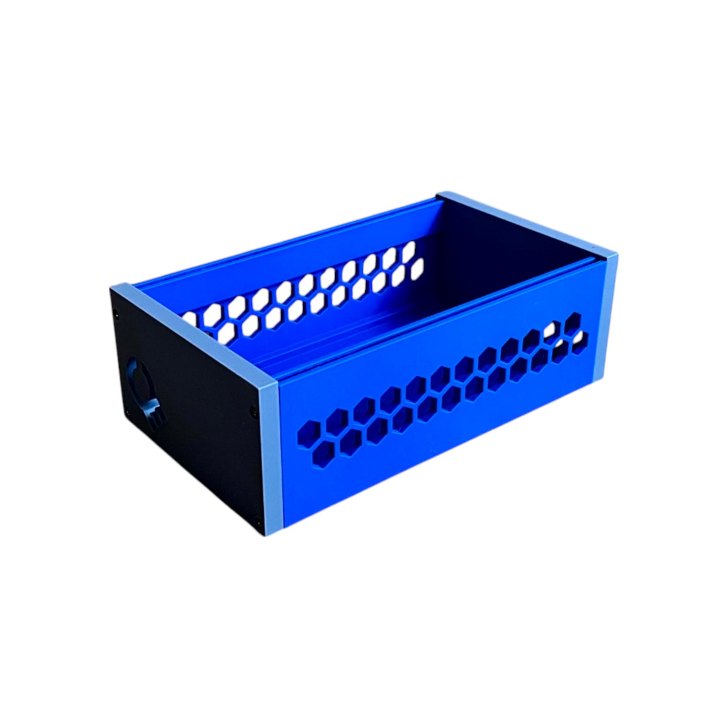 3D printed 42HP 3U Eurorack modular synthesizer case by Cold Earth Industries, shown with blue body and grey side panels on a white background – custom desktop skiff enclosure.