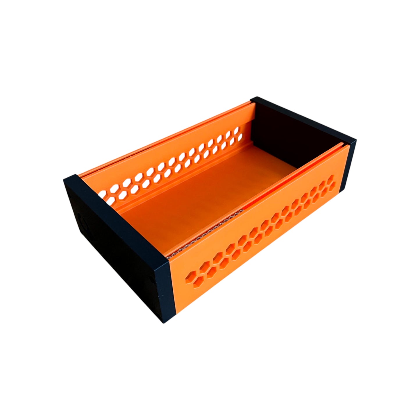 3D printed 42HP 3U Eurorack modular synthesizer case by Cold Earth Industries, shown with orange body and black side panels on a white background – custom desktop skiff enclosure.