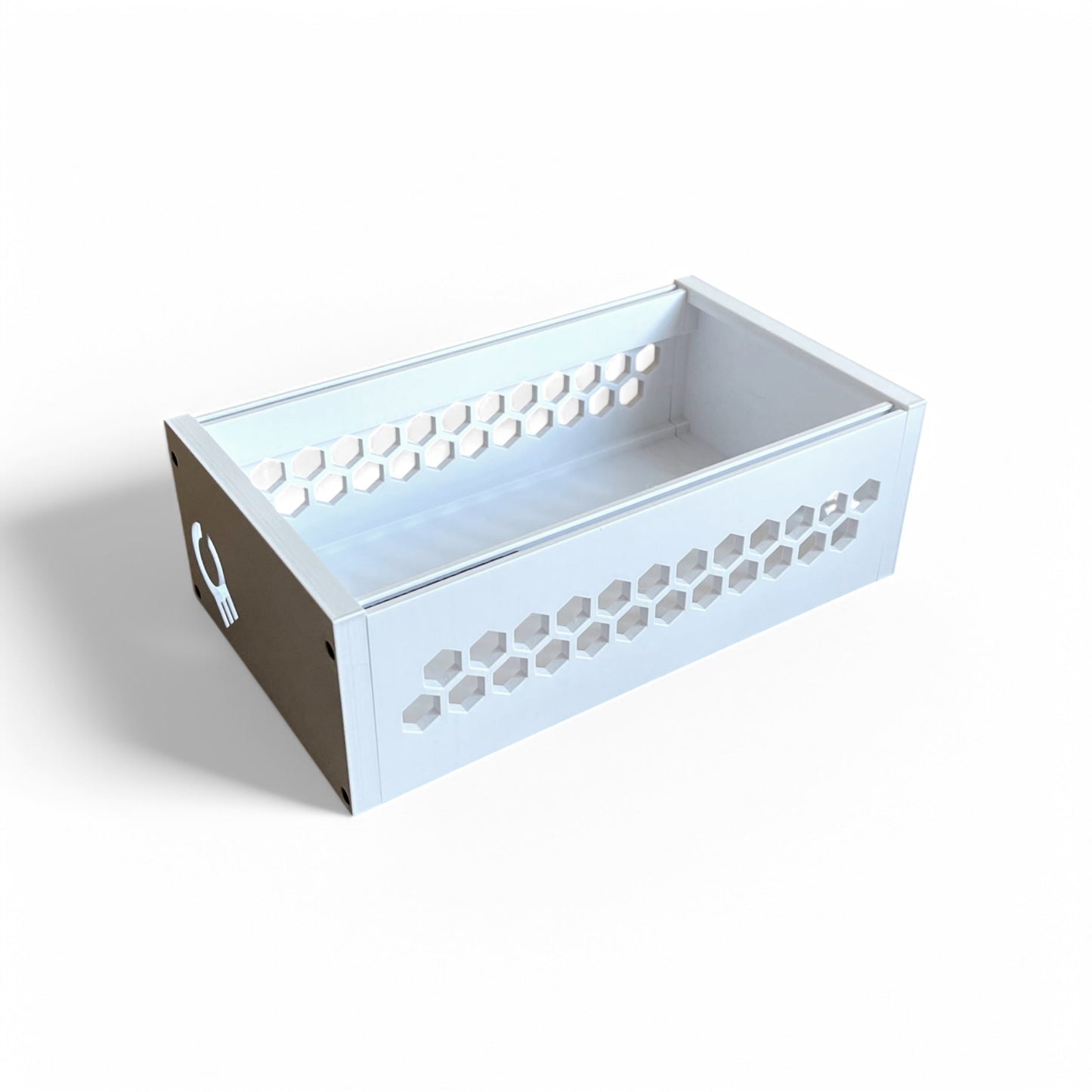 3D printed 42HP 3U Eurorack modular synthesizer case by Cold Earth Industries, shown with white body and white side panels on a white background – custom desktop skiff enclosure.