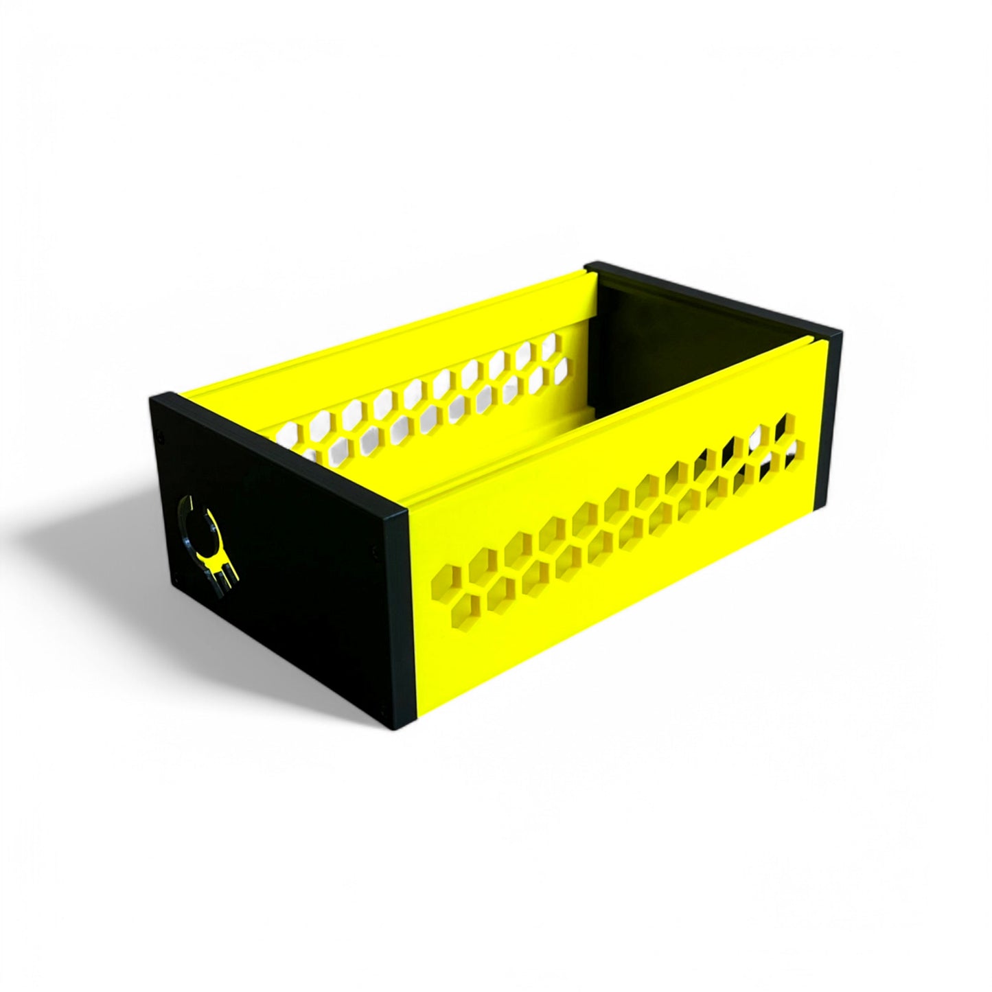 3D printed 42HP 3U Eurorack modular synthesizer case by Cold Earth Industries, shown with yellow body and black side panels on a white background – custom desktop skiff enclosure.