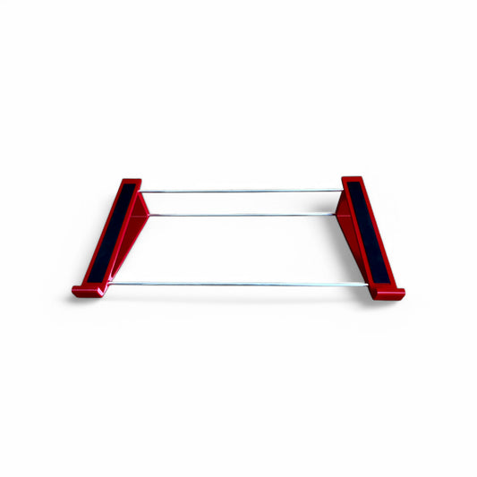 3D printed DSI / Sequential OB6 Keyboard Synth stand by Cold Earth Industries, shown front view in red on a white background – custom desktop stands.