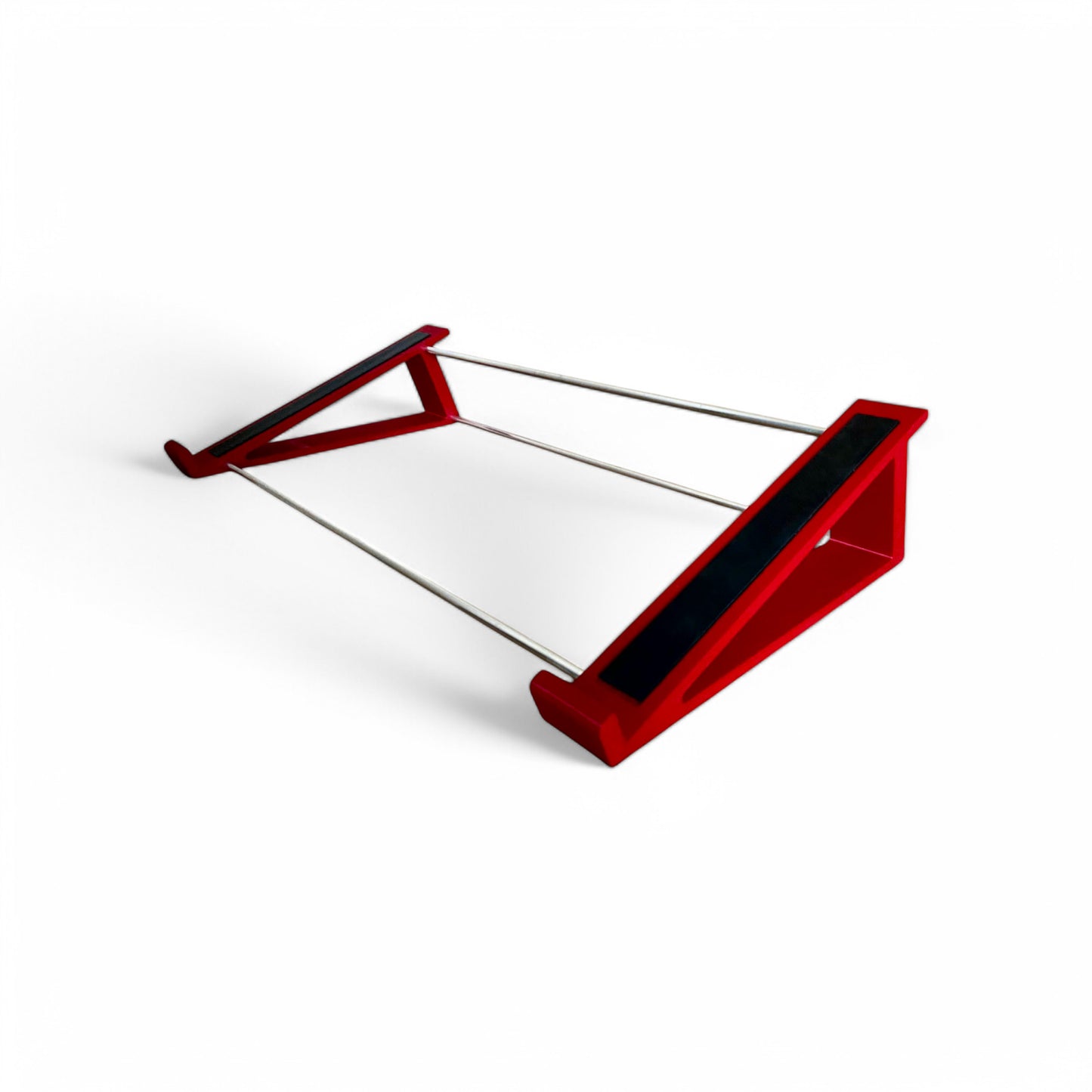 3D printed DSI / Sequential OB6 Keyboard Synth stand by Cold Earth Industries, shown in red on a white background – custom desktop stands.