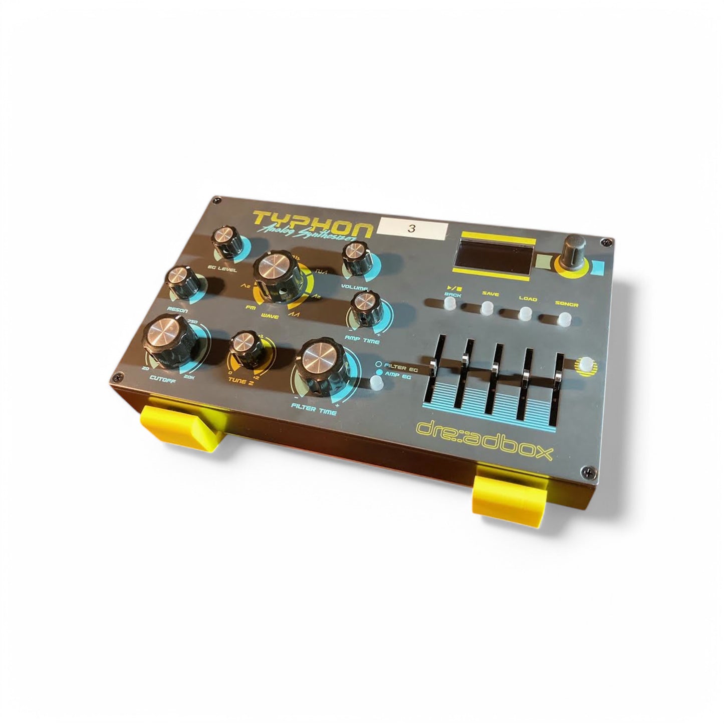 3D printed Dreadbox Typhon Synth 30 degree stand by Cold Earth Industries, shown front view in yellow on a white background holding a Dreadbox Typhon Synthesizer