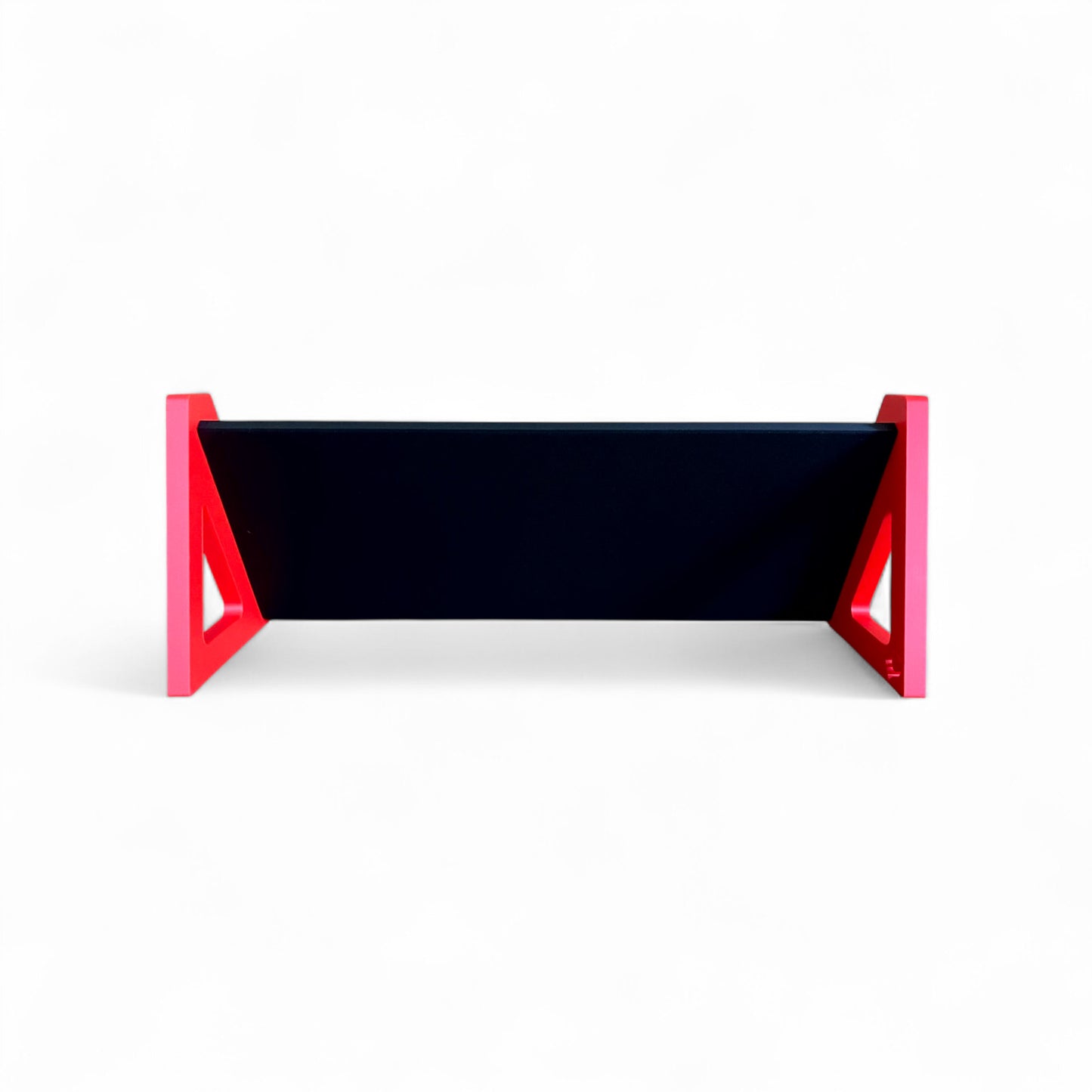 3D printed Desktop Pedalboard 400mm x 150mm 30 Degree Guitar Pedal & Synth Stand stand by Cold Earth Industries, shown from back, in black with red sides, on a white background – custom desktop stands.