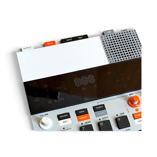 3D printed Teenage Engineering EP-133 K.O. II Sampler Battery Cover by Cold Earth Industries. Shown in white, on a EP-133 KO II Sampler