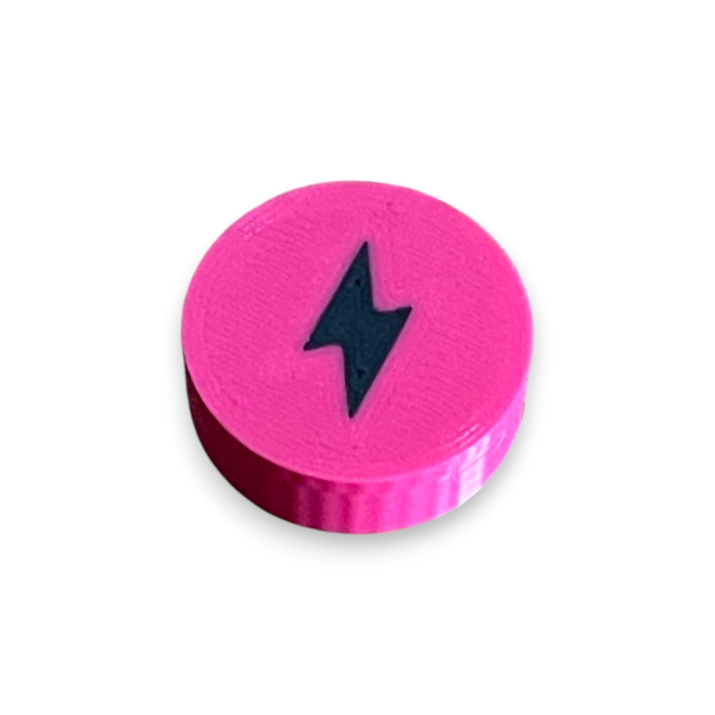 Low Profile Electric Mistress Guitar Pedal Footswitch Topper for 8.5mm / 10mm / 11mm Foot Switch. 3D printed Electric Design by Cold Earth Industries, shown in black with a magenta bolt icon, on a white background.