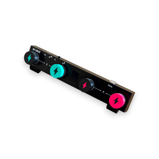 Low Profile Electric Mistress Guitar Pedal Footswitch Topper for 8.5mm / 10mm / 11mm Foot Switch. 3D printed Electric Design by Cold Earth Industries, shown in mixed colours on a guitar pedal, on a white background.