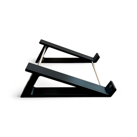 3D printed Elektron Analog Four MK2 / Rytm MK2 Synth 20 degree stand by Cold Earth Industries, side view shown in black on a white background