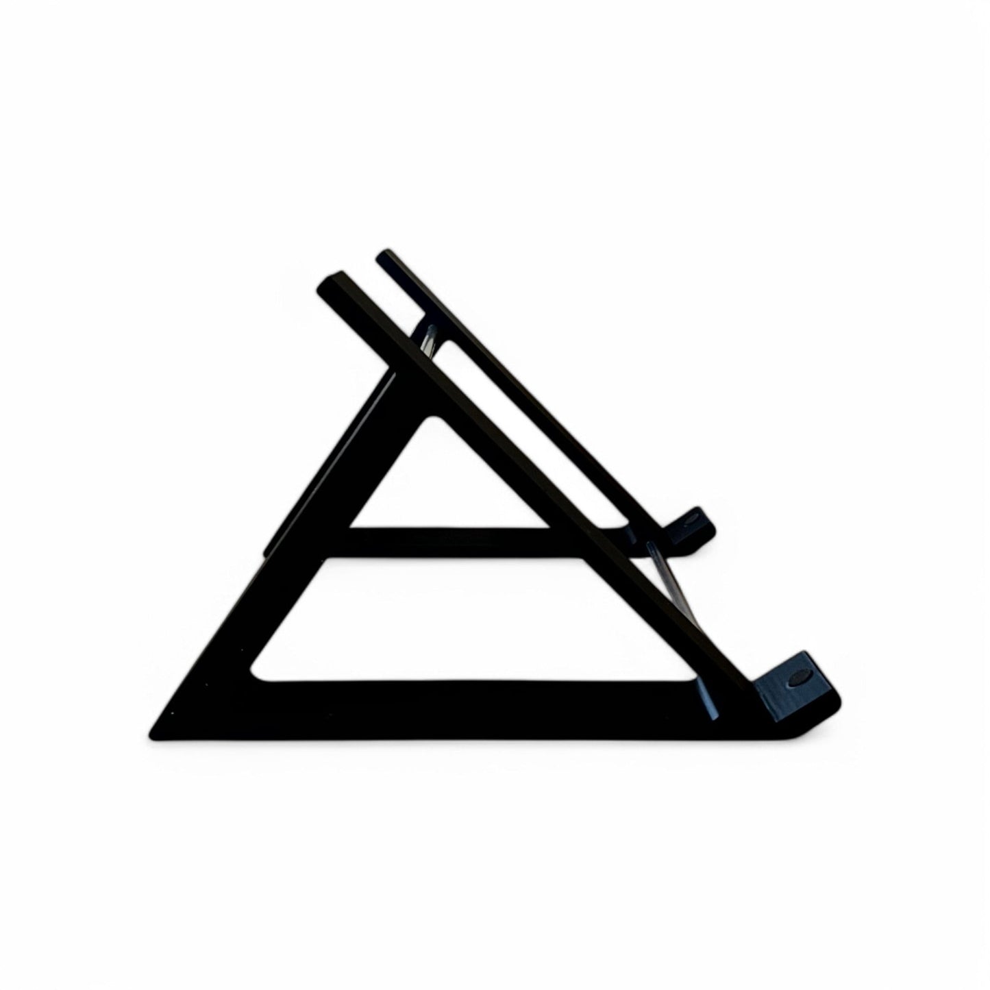 3D printed Elektron Analog Four MK2 / Rytm MK2 Synth 45 degree stand by Cold Earth Industries, side view shown in black on a white background