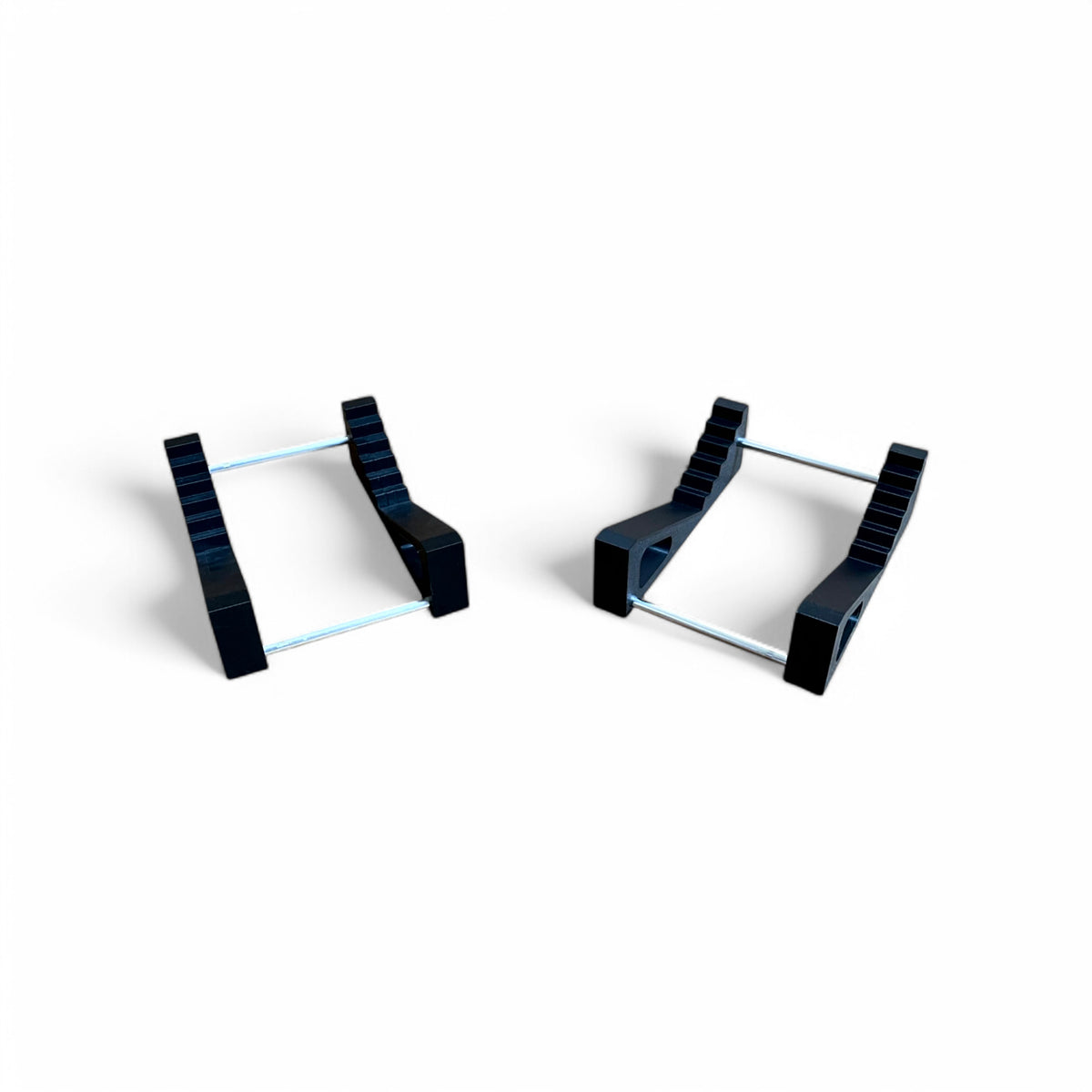 Pair of 3D printed Presonus Eris E3.5 Studio Monitors Speaker / Monitor 24 degree stand by Cold Earth Industries, shown in black on a white background